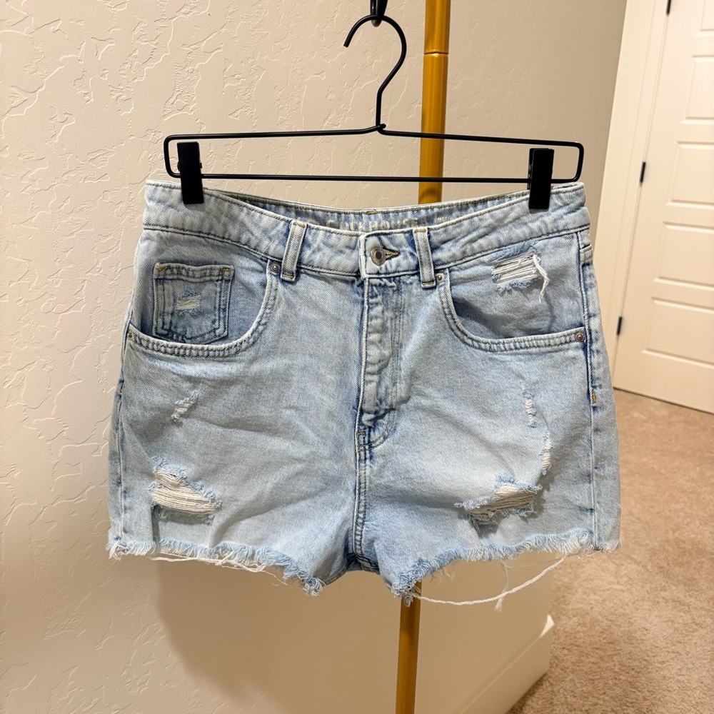 C&M Light Blue Distressed Jean Shorts Clockhouse High Waisted Mom Style
